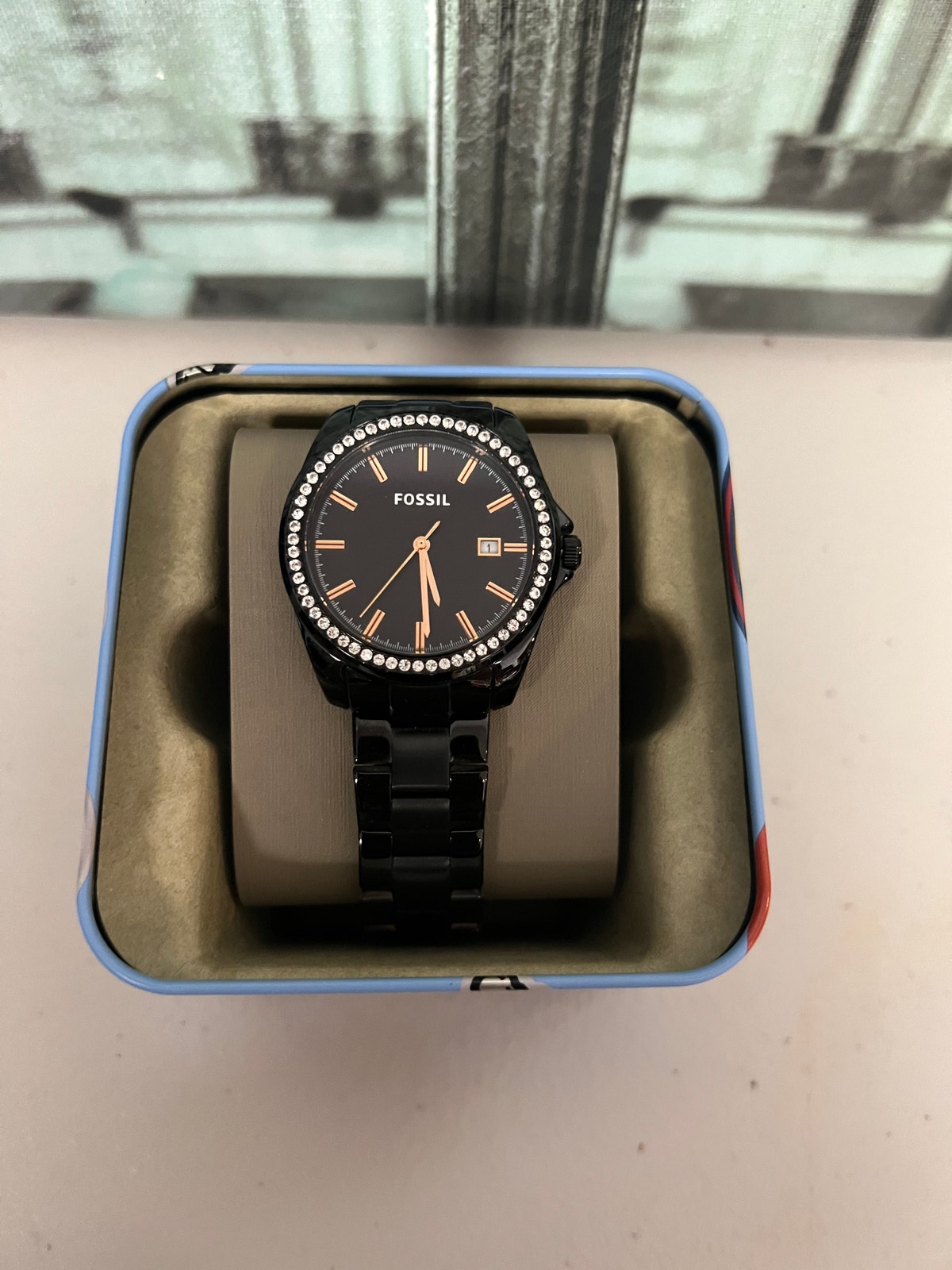 Fossil Janice Bq3318 Womens Black Crystal Steel Quartz Watch Original Box